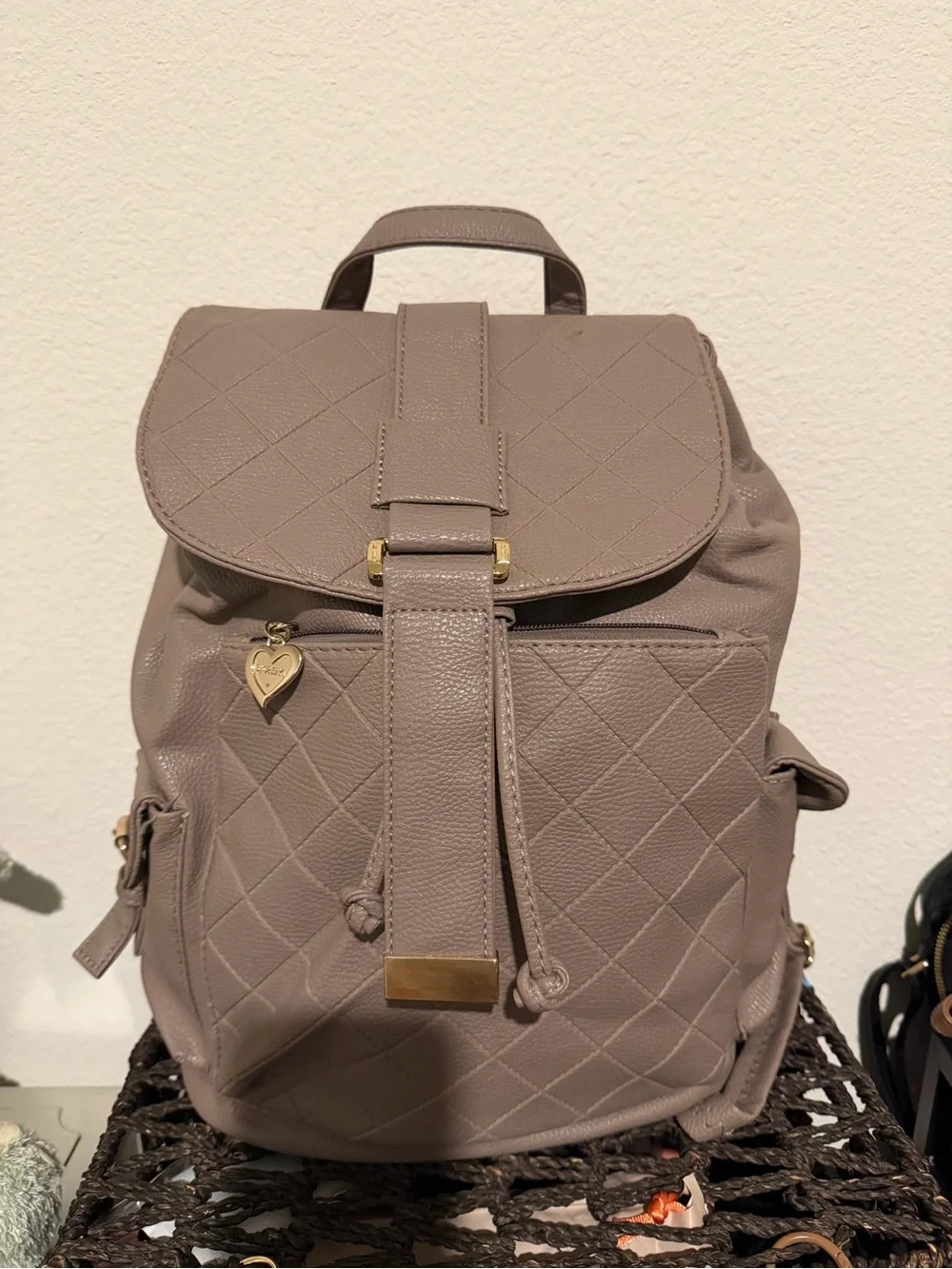 Quilted Taupe Backpack with Gold Accent Heart Charm